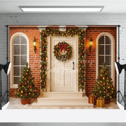 Lofaris Christmas Front Porch Photography Backdrop White Door with Brick Wall and Garland Holiday Photo Background