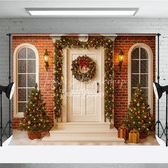 Lofaris Christmas Front Porch Photography Backdrop White Door with Brick Wall and Garland Holiday Photo Background