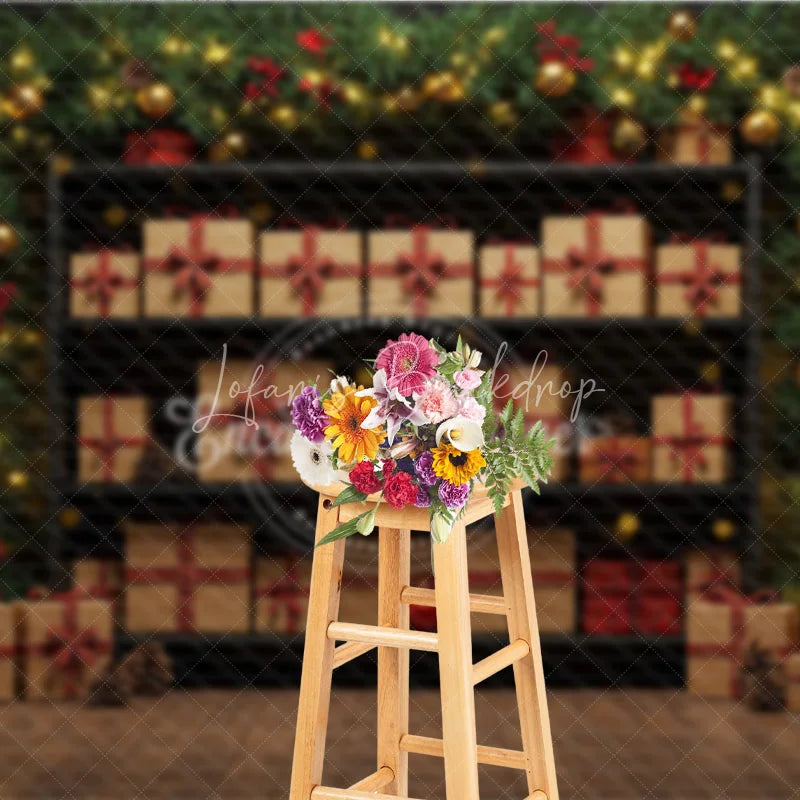 Lofaris Christmas Gift Wall Photography Backdrop Shelves of Presents with Plaid Ribbons Holiday Mini Session Background
