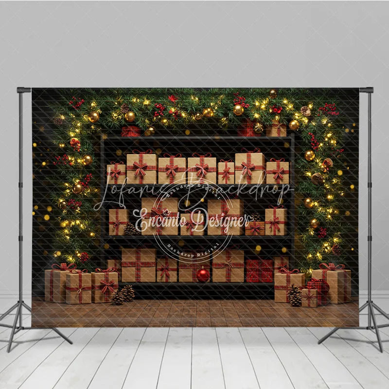 Lofaris Christmas Gift Wall Photography Backdrop Shelves of Presents with Plaid Ribbons Holiday Mini Session Background