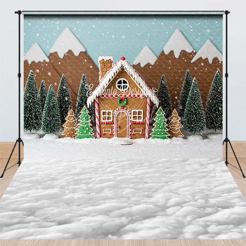 Lofaris Christmas Gingerbread House Combo Set Backdrop Snowy Candy Village with Cloud Floor Holiday Photo Scene