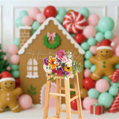 Lofaris Christmas Gingerbread House Photography Backdrop Pastel Balloon Garland and Xmas Tree Kids Holiday Photo Prop