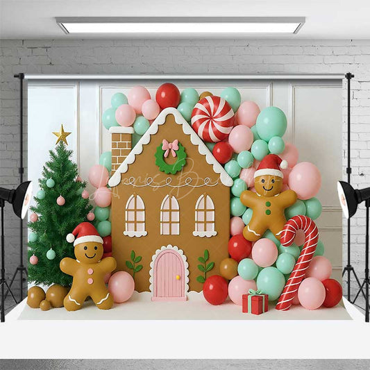 Lofaris Christmas Gingerbread House Photography Backdrop Pastel Balloon Garland and Xmas Tree Kids Holiday Photo Prop