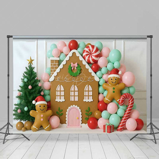 Lofaris Christmas Gingerbread House Photography Backdrop Pastel Balloon Garland and Xmas Tree Kids Holiday Photo Prop