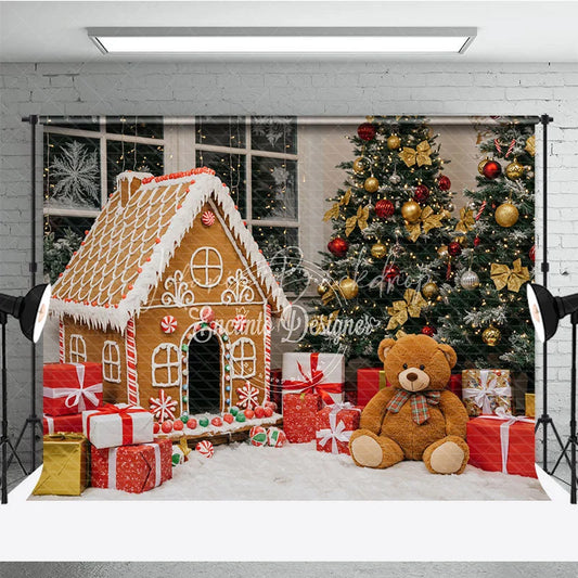 Lofaris Christmas Gingerbread House Photography Backdrop Teddy Bear and Trees Holiday Candyland Mini Session Background