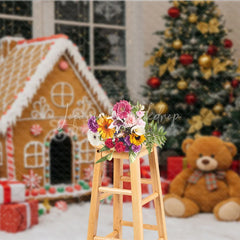 Lofaris Christmas Gingerbread House Photography Backdrop Teddy Bear and Trees Holiday Candyland Mini Session Background