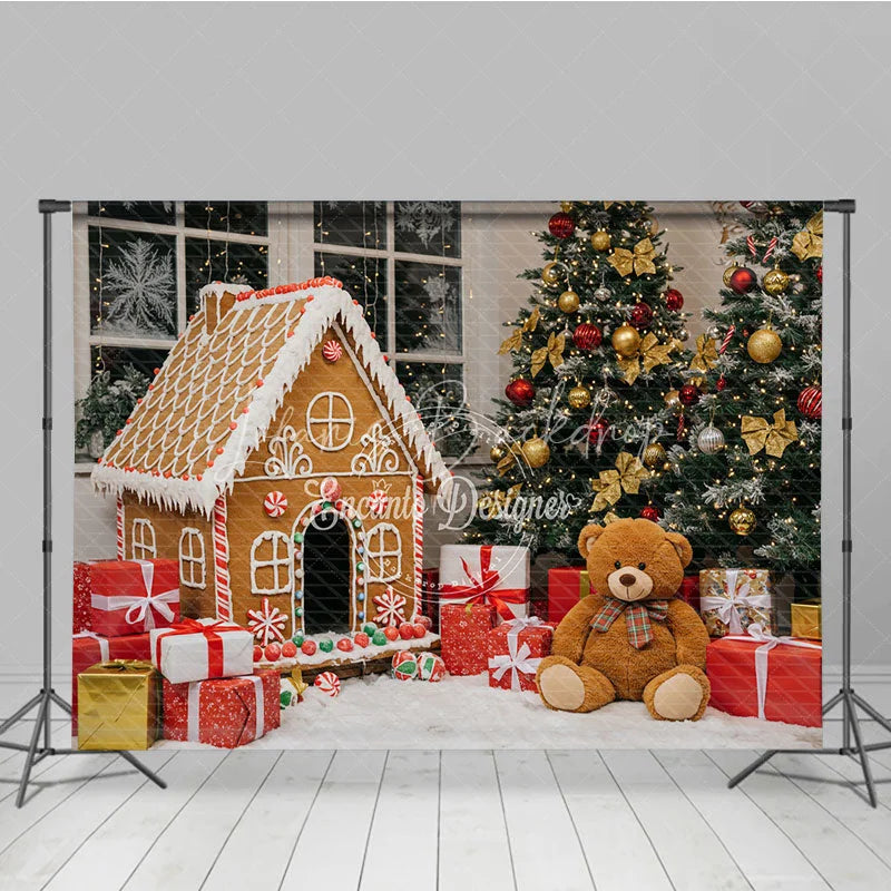 Lofaris Christmas Gingerbread House Photography Backdrop Teddy Bear and Trees Holiday Candyland Mini Session Background
