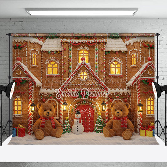 Lofaris Christmas Gingerbread House Photography Backdrop Teddy Bears and Snowman Candyland Holiday Photo Background