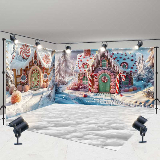 Lofaris Christmas Gingerbread House Room Set Backdrop Winter Candyland with Snow Floor Holiday Cake Smash Photos