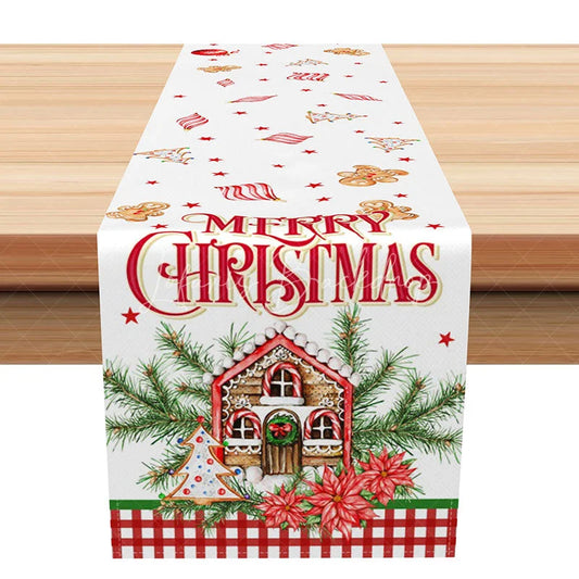 Lofaris Christmas Gingerbread House Table Runner Poinsettia and Red Plaid Holiday Cookie Themed Decor
