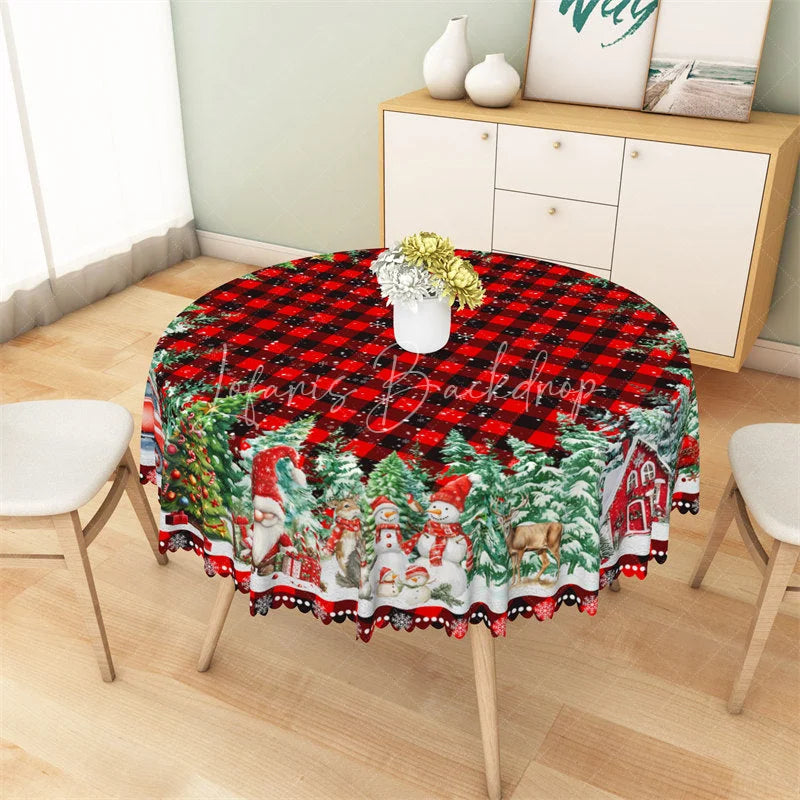 Lofaris Christmas Gnome Buffalo Plaid Round Tablecloth Winter Snowman Red Barn Table Cover for Holiday