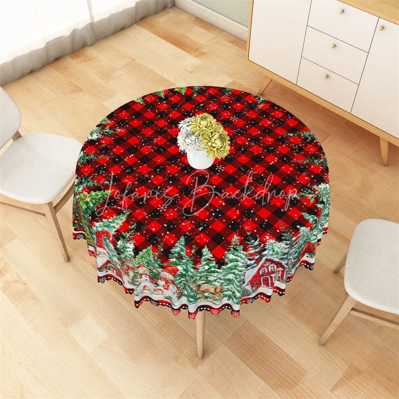 Lofaris Christmas Gnome Buffalo Plaid Round Tablecloth Winter Snowman Red Barn Table Cover for Holiday