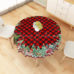 Lofaris Christmas Gnome Buffalo Plaid Round Tablecloth Winter Snowman Red Barn Table Cover for Holiday