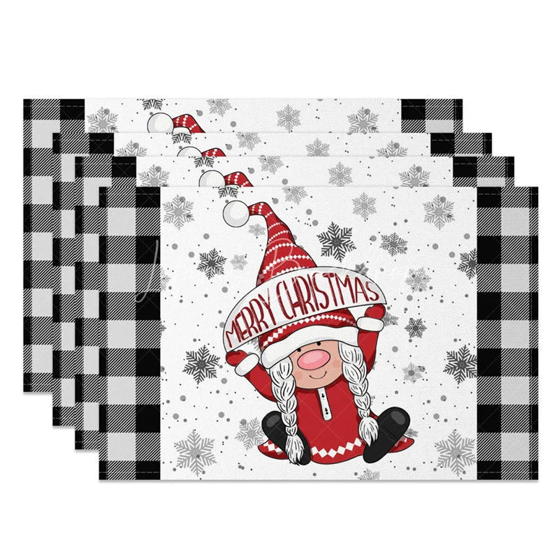 Lofaris Christmas Gnome Set of 4 Placemats Black and White Buffalo Plaid Girl with Snowflakes Table Mats