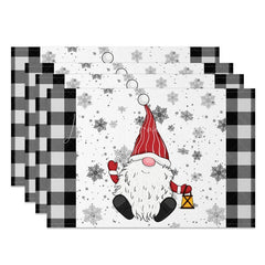 Lofaris Christmas Gnome Set of 4 Placemats Black and White Buffalo Plaid with Lantern Snowflakes Table Mats