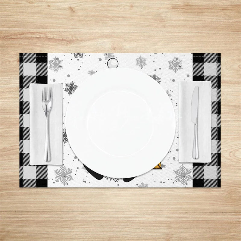 Lofaris Christmas Gnome Set of 4 Placemats Black and White Buffalo Plaid with Lantern Snowflakes Table Mats