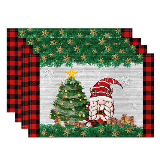 Lofaris Christmas Gnome Set of 4 Placemats Red Buffalo Plaid Border with Reindeer Antlers Table Mats
