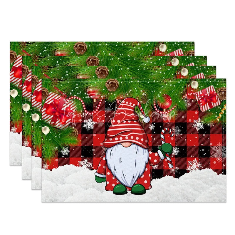Lofaris Christmas Gnome Set of 4 Placemats Red Buffalo Plaid Check with Candy Cane Xmas Tree Table Mats