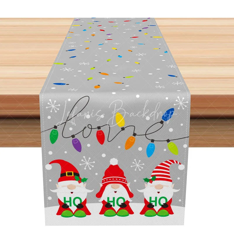 Lofaris Christmas Gnomes ’Ho Ho Ho’ Table Runner ’Love’ with String Lights Grey Holiday Dining Decor
