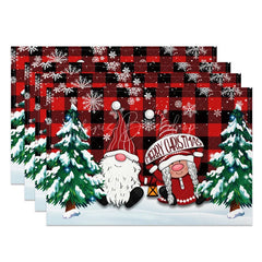 Lofaris Christmas Gnomes Set of 4 Placemats Red Buffalo Plaid Snowy Trees Farmhouse Holiday Table Mats