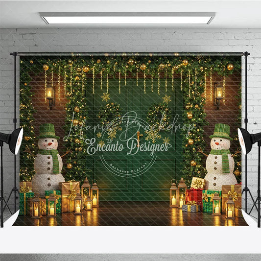 Lofaris Christmas Green Door Photography Backdrop Snowmen with Garland and Lanterns Holiday Mini Session Background
