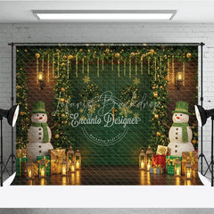Lofaris Christmas Green Door Photography Backdrop Snowmen with Garland and Lanterns Holiday Mini Session Background