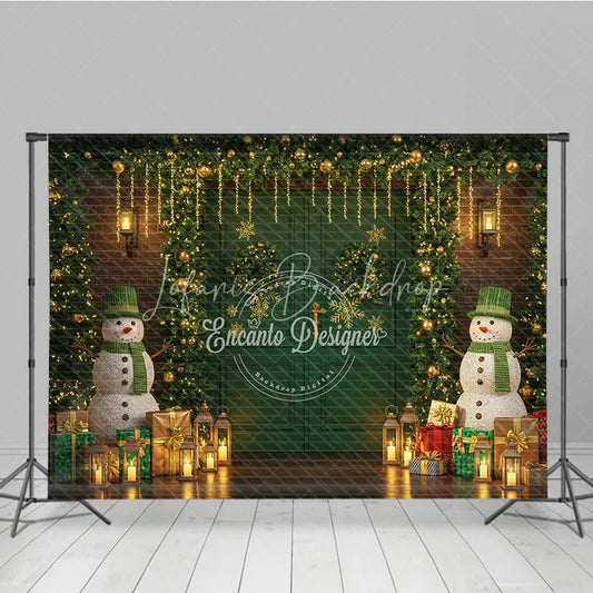 Lofaris Christmas Green Door with Snowmen Combo Set Backdrop Rustic Wood Floor Holiday Mini Session Photo Background
