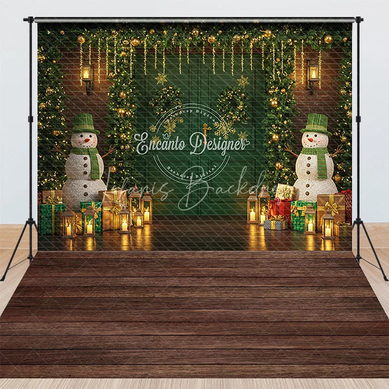 Lofaris Christmas Green Door with Snowmen Combo Set Backdrop Rustic Wood Floor Holiday Mini Session Photo Background