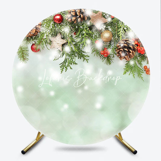Lofaris Christmas Green Pine Branches and Red Berries Round Backdrop Gold Stars Snowy Winter Holiday Decor