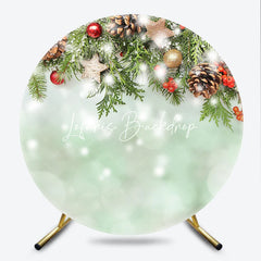 Lofaris Christmas Green Pine Branches and Red Berries Round Backdrop Gold Stars Snowy Winter Holiday Decor