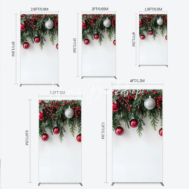 Lofaris Christmas Green Pine Red Berry Rectangle Arch Backdrop Silver Ornaments Festive Holiday Decor