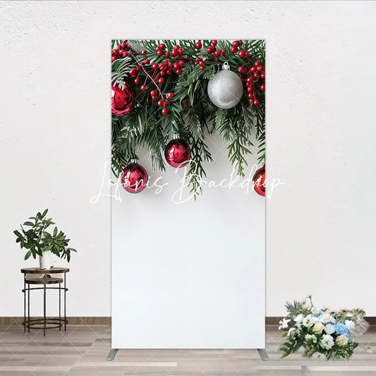 Lofaris Christmas Green Pine Red Berry Rectangle Arch Backdrop Silver Ornaments Festive Holiday Decor