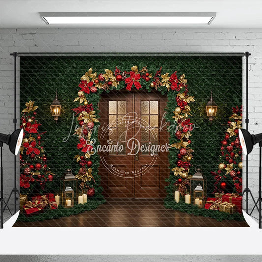 Lofaris Christmas Greenery Wall Photography Backdrop Wood Door with Red and Gold Poinsettia Holiday Photo Background
