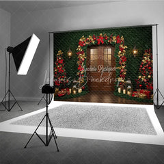 Lofaris Christmas Greenery Wall Photography Backdrop Wood Door with Red and Gold Poinsettia Holiday Photo Background