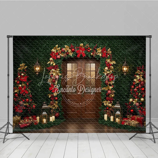 Lofaris Christmas Greenery Wall Photography Backdrop Wood Door with Red and Gold Poinsettia Holiday Photo Background