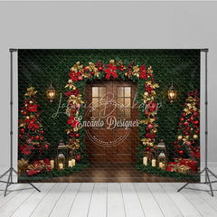 Lofaris Christmas Greenery Wall Photography Backdrop Wood Door with Red and Gold Poinsettia Holiday Photo Background