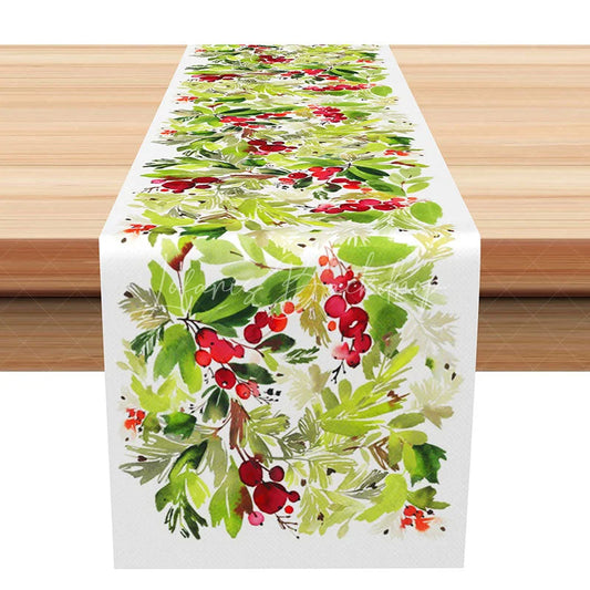 Lofaris Christmas Holly Berry Table Runner Red and Green Botanical Simple Farmhouse Holiday Dining Decor