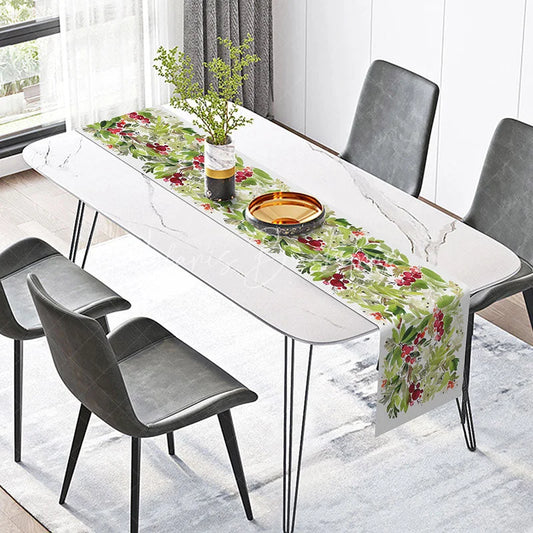 Lofaris Christmas Holly Berry Table Runner Red and Green Botanical Simple Farmhouse Holiday Dining Decor