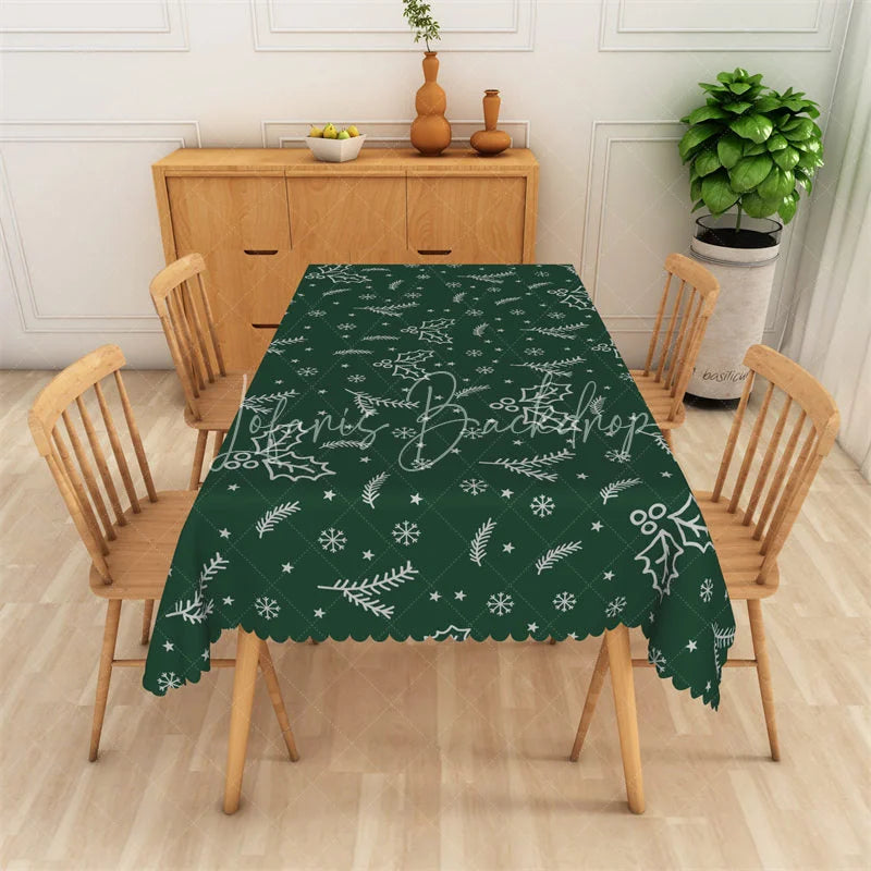 Lofaris Christmas Holly Rectangle Tablecloth Green with White Snowflakes Winter Holiday Table Cover Decor