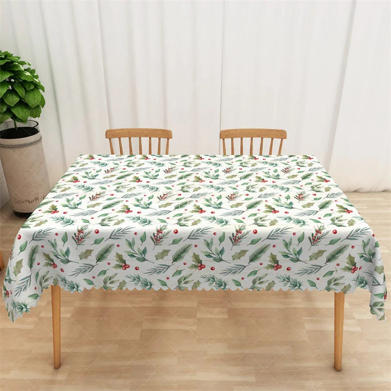 Lofaris Christmas Holly Rectangle Tablecloth Watercolor Pine Branch and Berries Winter Holiday Table Cover Decor