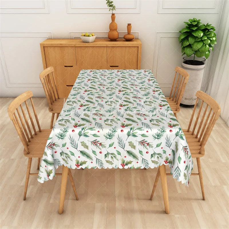 Lofaris Christmas Holly Rectangle Tablecloth Watercolor Pine Branch and Berries Winter Holiday Table Cover Decor
