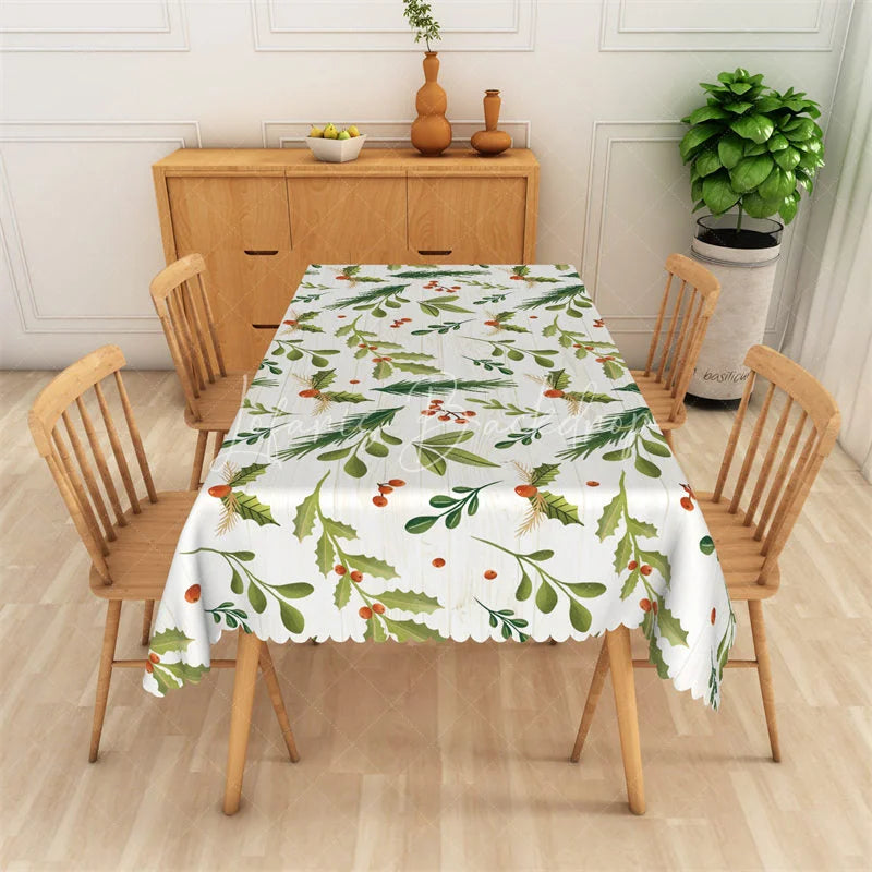 Lofaris Christmas Holly Rectangle Tablecloth White Woodgrain with Pine Branch Farmhouse Holiday Table Cover