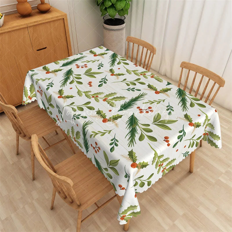 Lofaris Christmas Holly Rectangle Tablecloth White Woodgrain with Pine Branch Farmhouse Holiday Table Cover