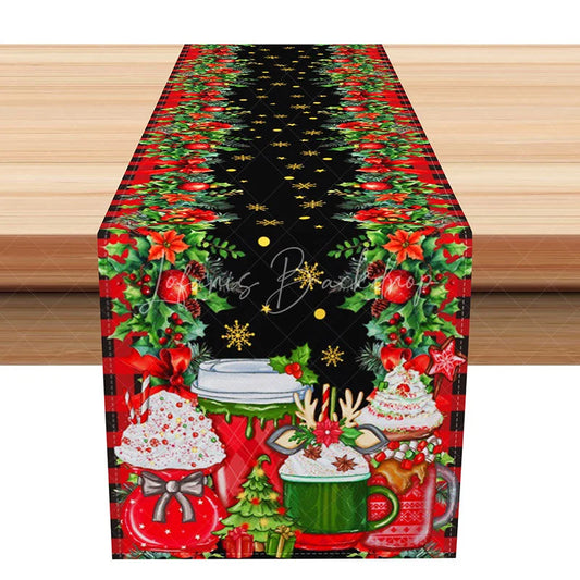 Lofaris Christmas Hot Cocoa Mugs Table Runner Reindeer and Whipped Cream Fun Black Holiday Decor