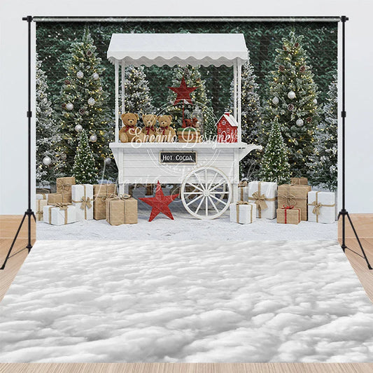 Lofaris Christmas Hot Cocoa Stand Combo Set Backdrop White Cart with Teddy Bears Snowy Cloud Floor for Mini Sessions