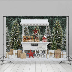 Lofaris Christmas Hot Cocoa Stand Photography Backdrop White Cart in Snowy Trees Winter Holiday Mini Session Background