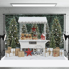 Lofaris Christmas Hot Cocoa Stand Photography Backdrop White Cart in Snowy Trees Winter Holiday Mini Session Background