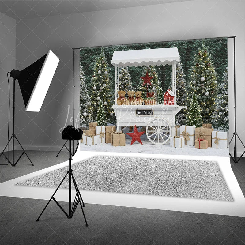 Lofaris Christmas Hot Cocoa Stand Photography Backdrop White Cart in Snowy Trees Winter Holiday Mini Session Background