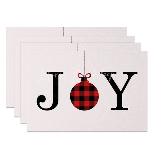 Lofaris Christmas Joy Set of 4 Placemats Red Buffalo Plaid Ornament Modern Farmhouse Holiday Table Mats