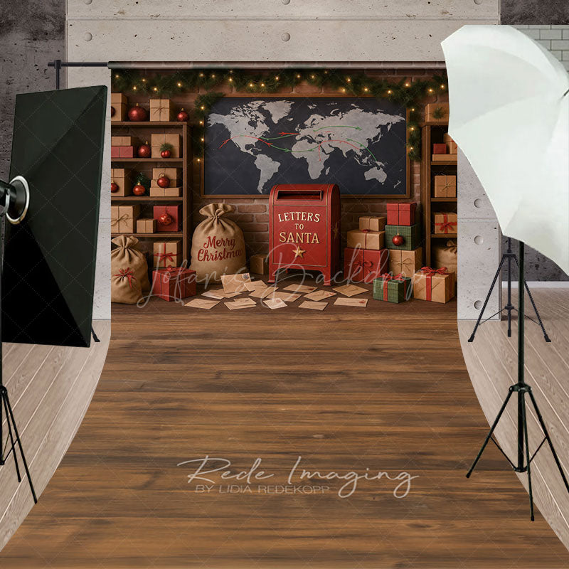 Lofaris Christmas Mailroom Sweep Backdrop Santa’s Workshop with Letters and Packages Holiday Photo Studio Floor Drop